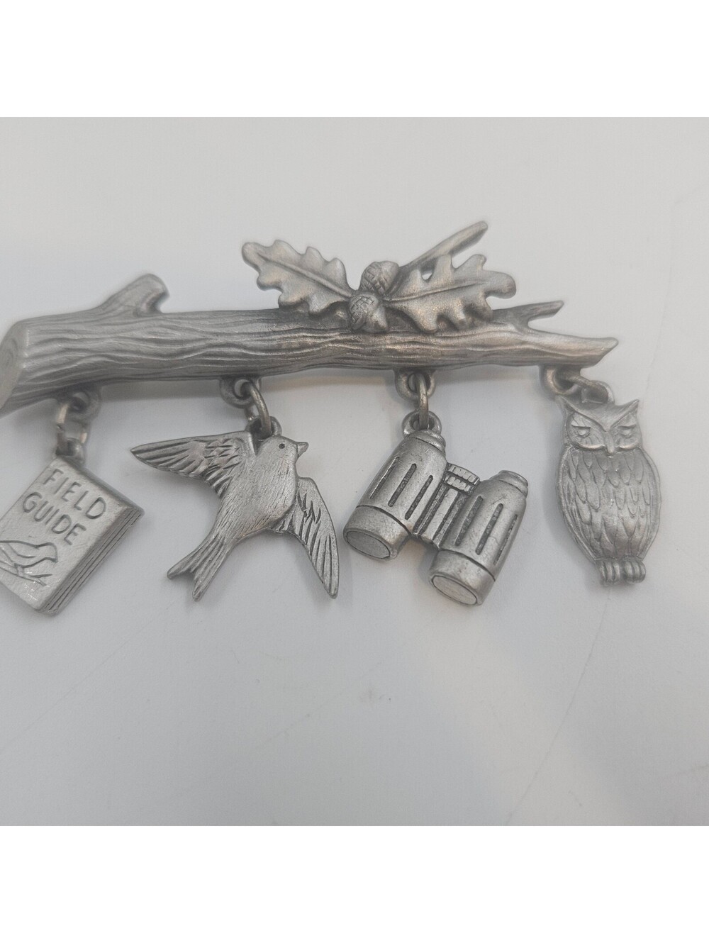 JJ Jonette Bird Watching Brooch Pewter Dangle Charms Owl Binoculars Field Guide